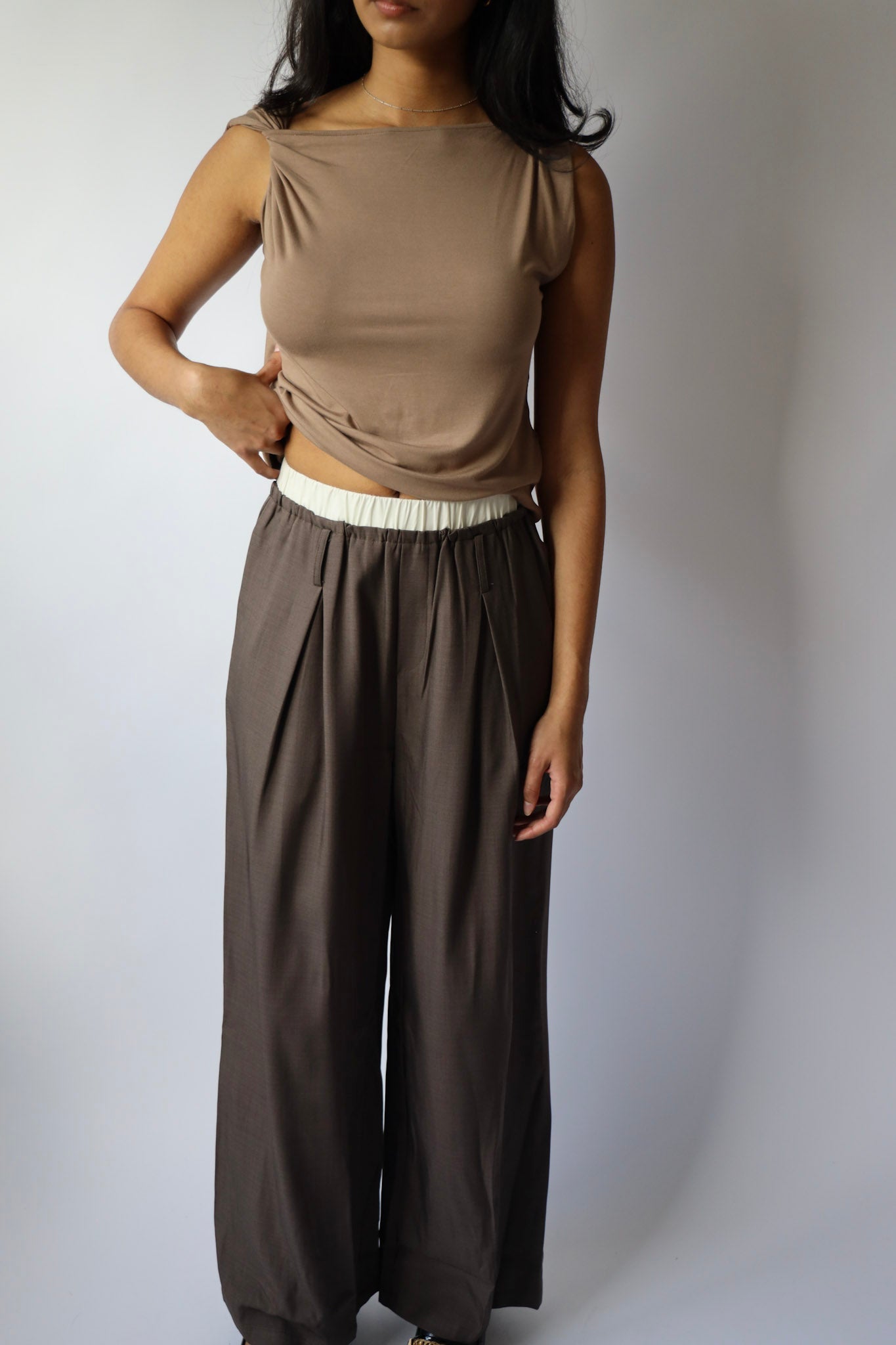 Contrast Waist Wide Leg Trouser Pants