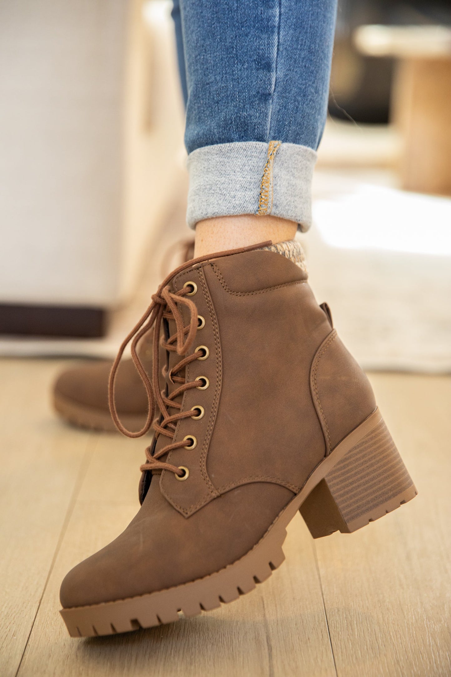Light Brown Lace Up Lug Sole Knit Trim Boots
