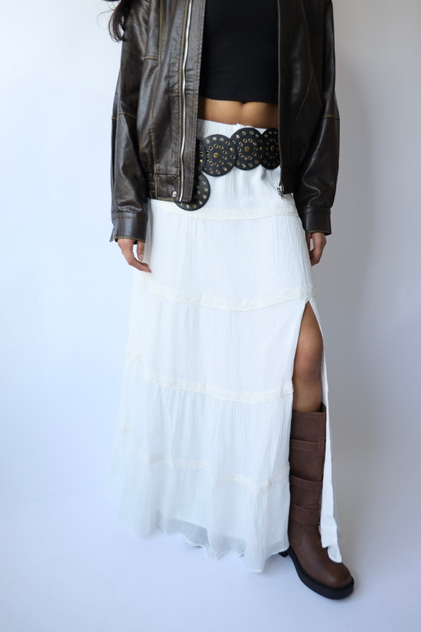 White Boho Slit Tiered Maxi Skirt