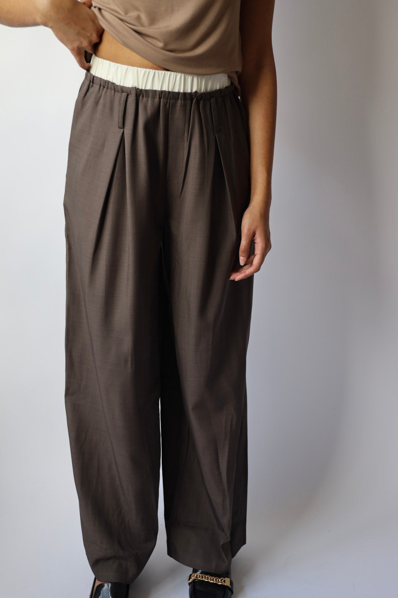 Contrast Waist Wide Leg Trouser Pants