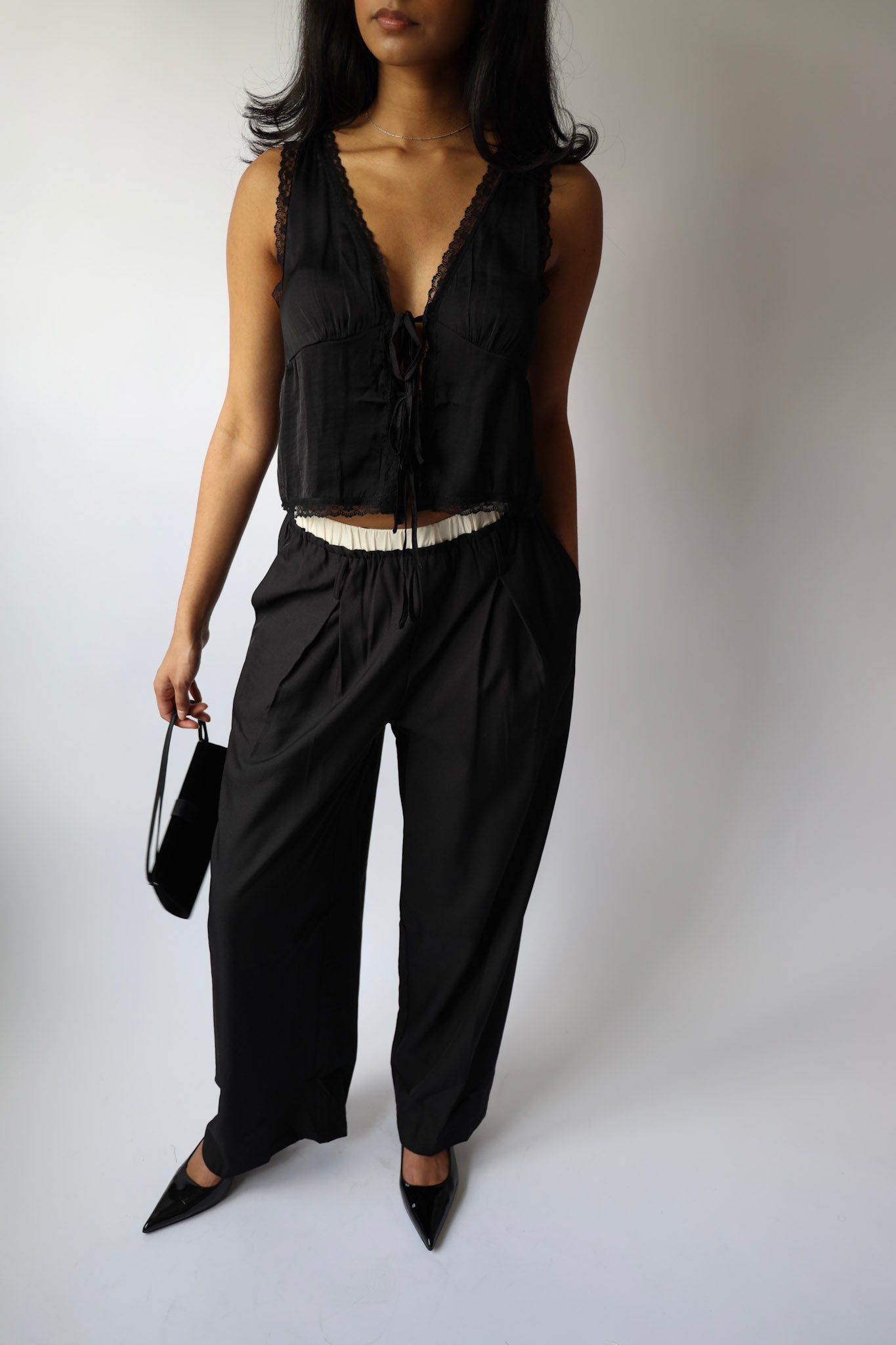 Contrast Waist Wide Leg Trouser Pants