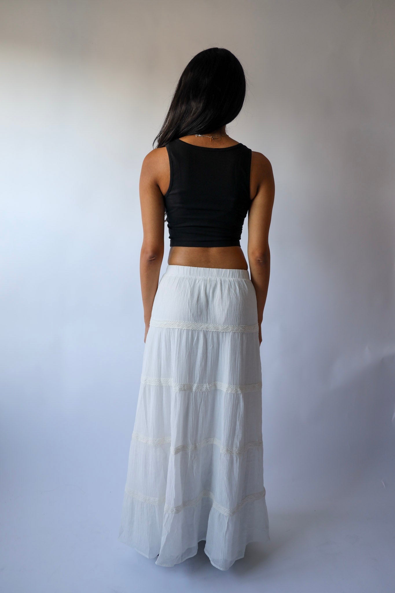 White Boho Slit Tiered Maxi Skirt