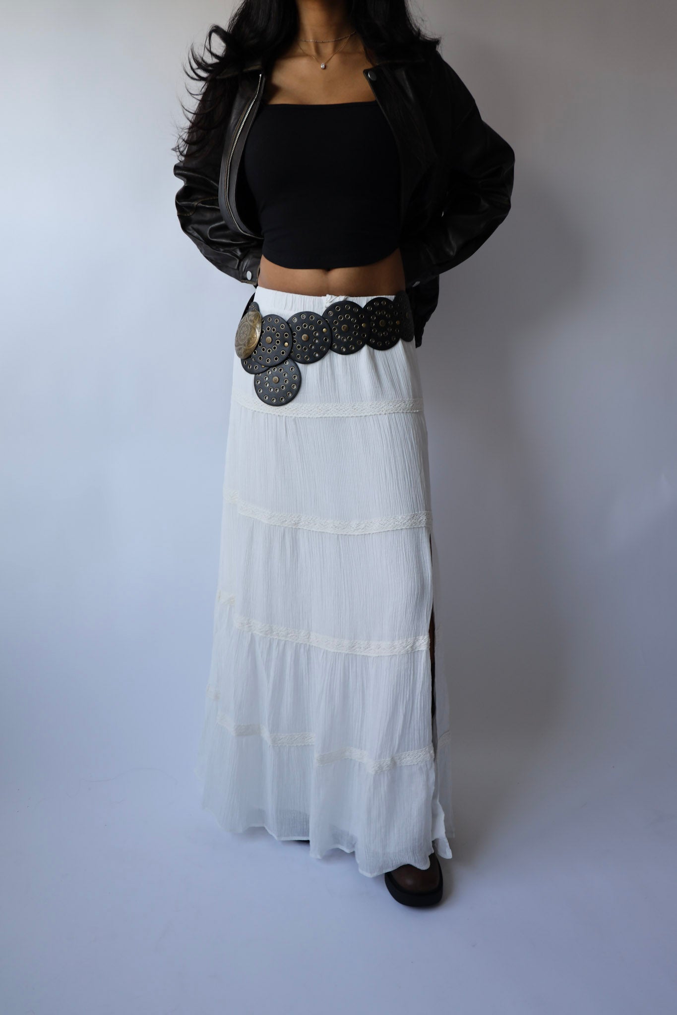 White Boho Slit Tiered Maxi Skirt