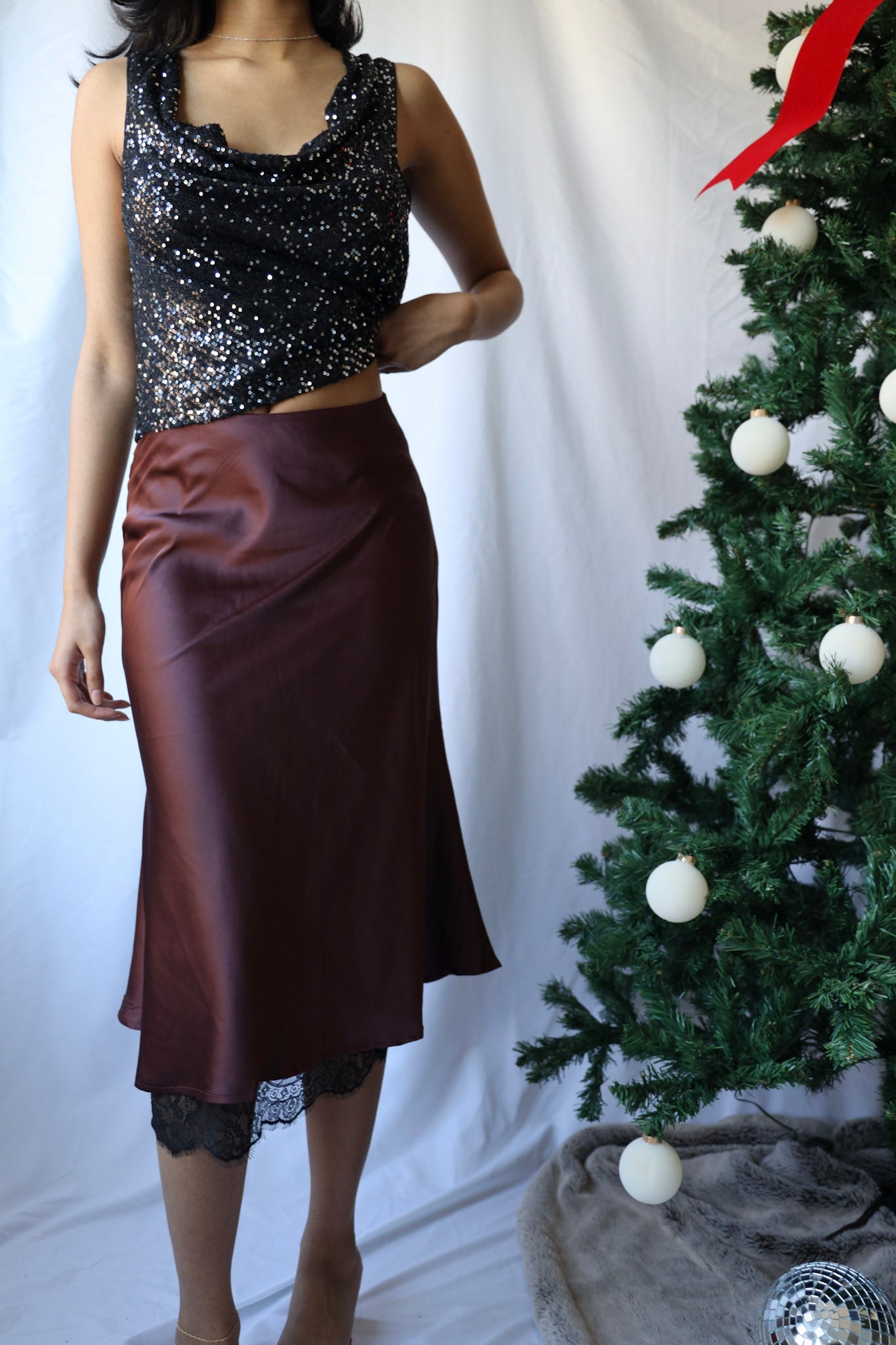 Burgundy Midi Skirt with Lace Trim