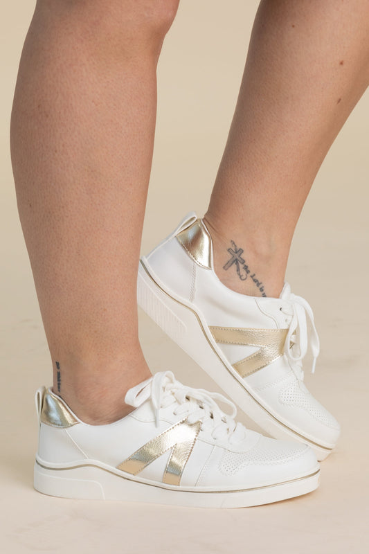 Mia White With Gold Lace Up Sneaker