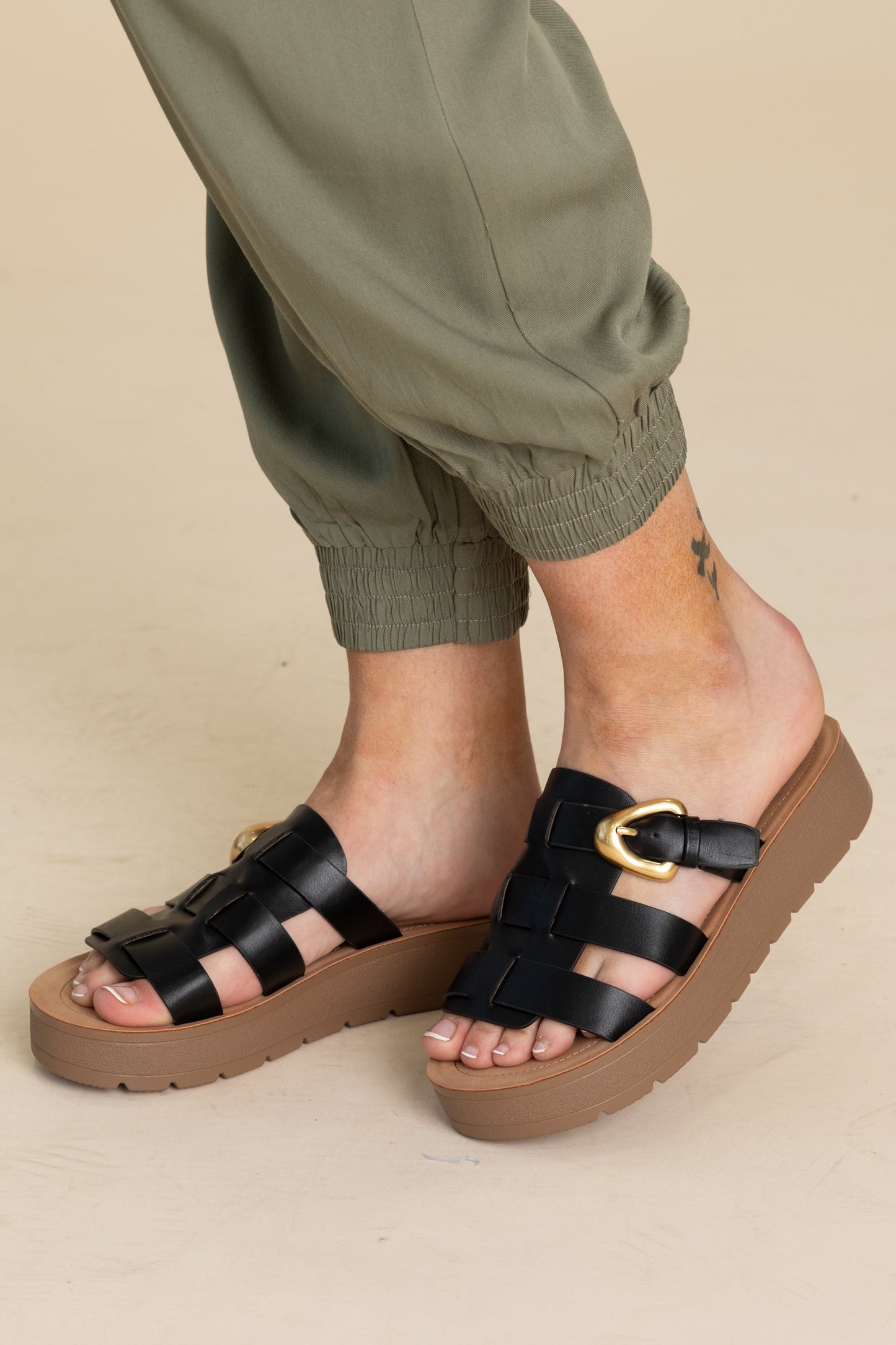 Platform Cage Slide On Sandal With Gold Buckle