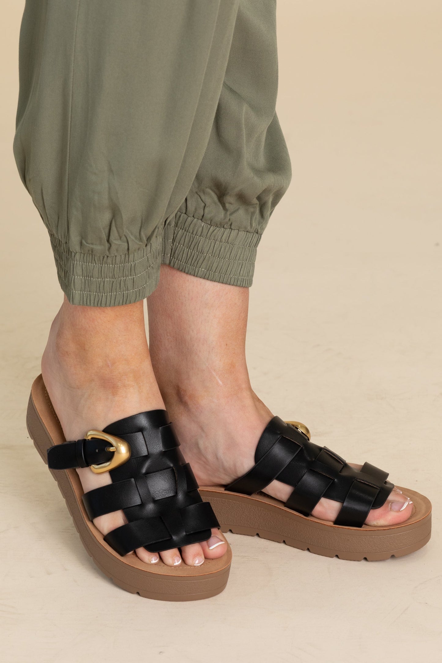 Platform Cage Slide On Sandal With Gold Buckle