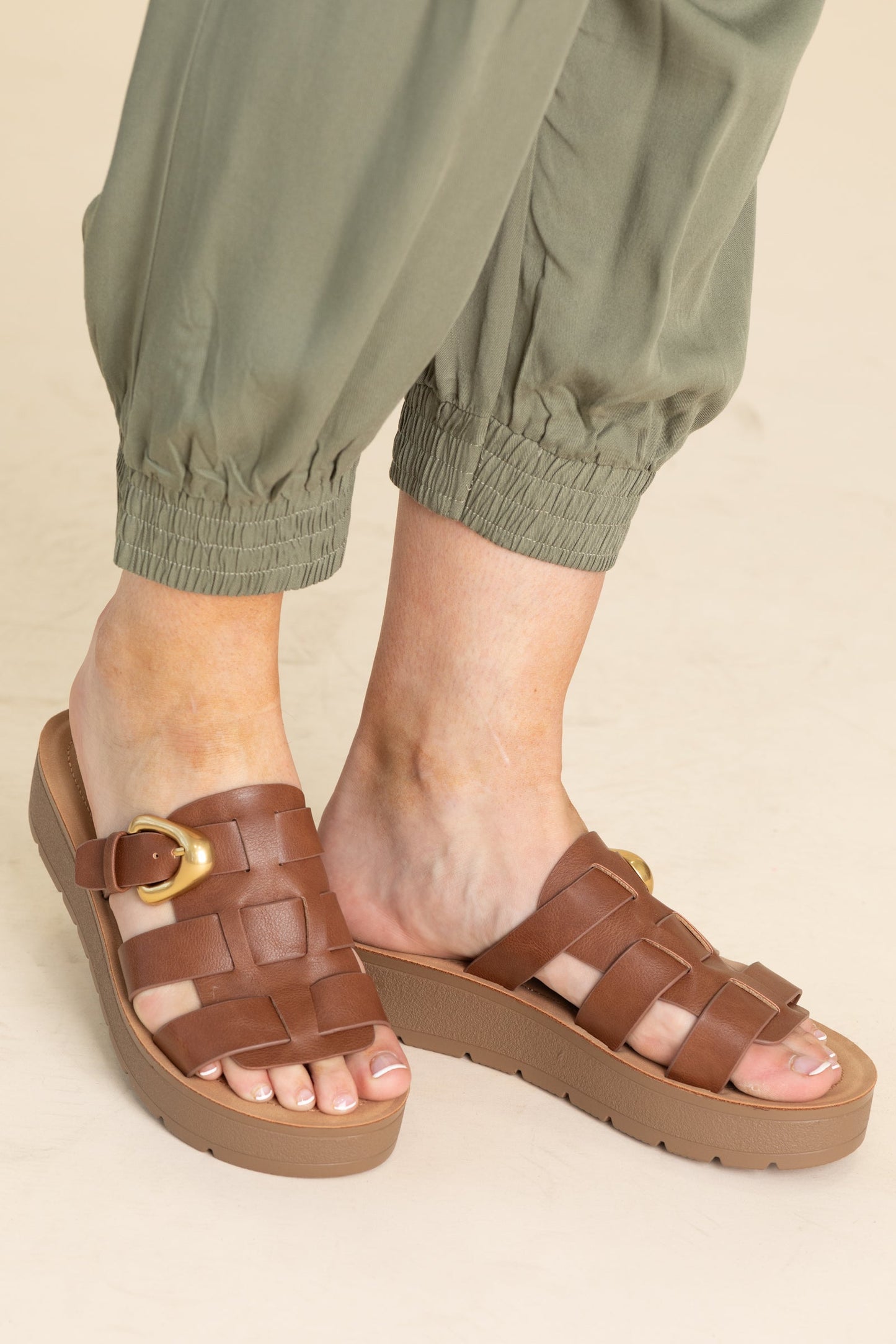 Platform Cage Slide On Sandal With Gold Buckle