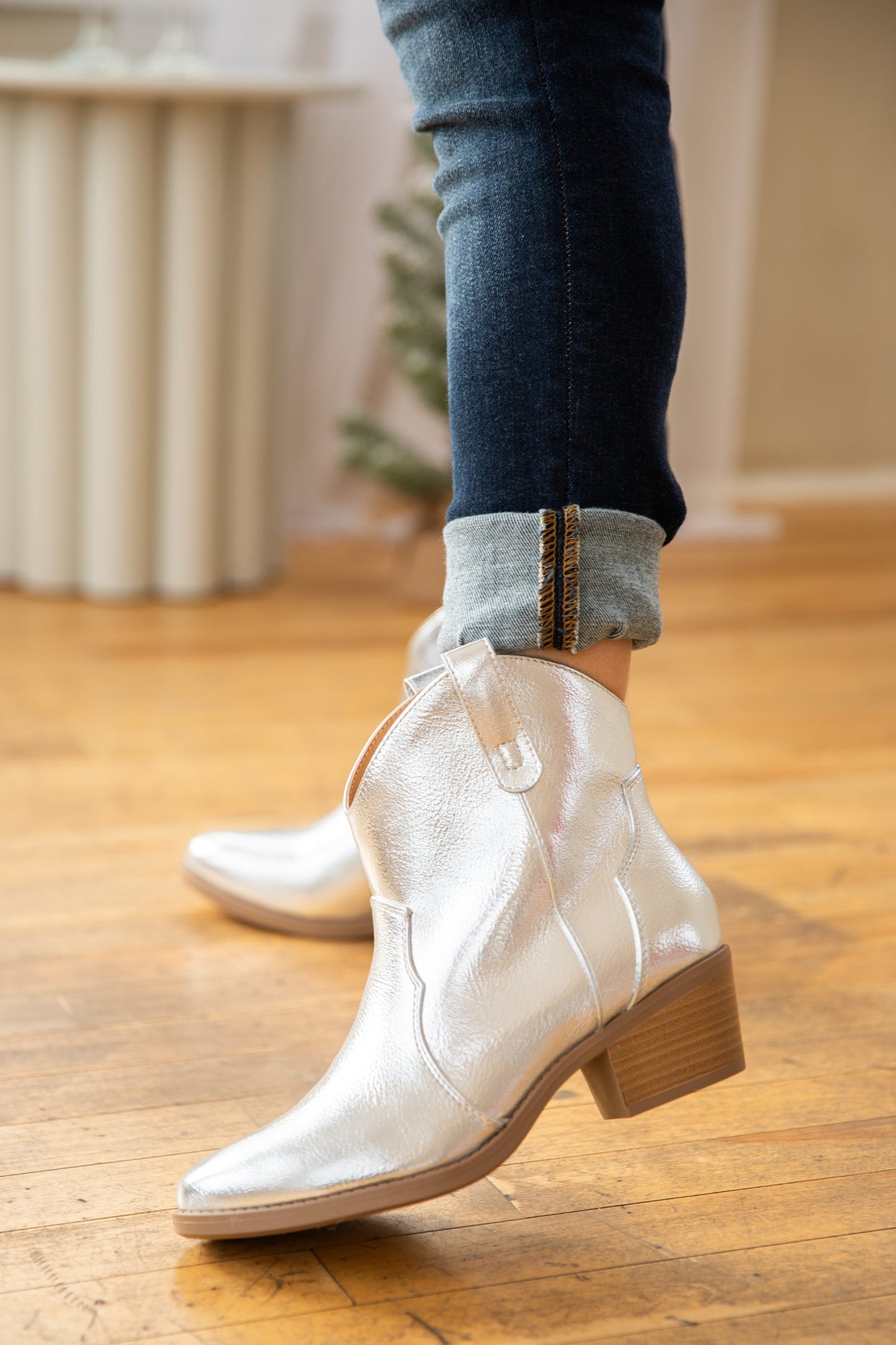 Silver Metallic Point Toe Western Booties