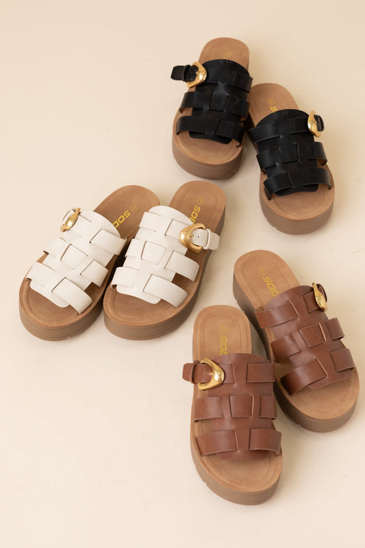 Platform Cage Slide On Sandal With Gold Buckle