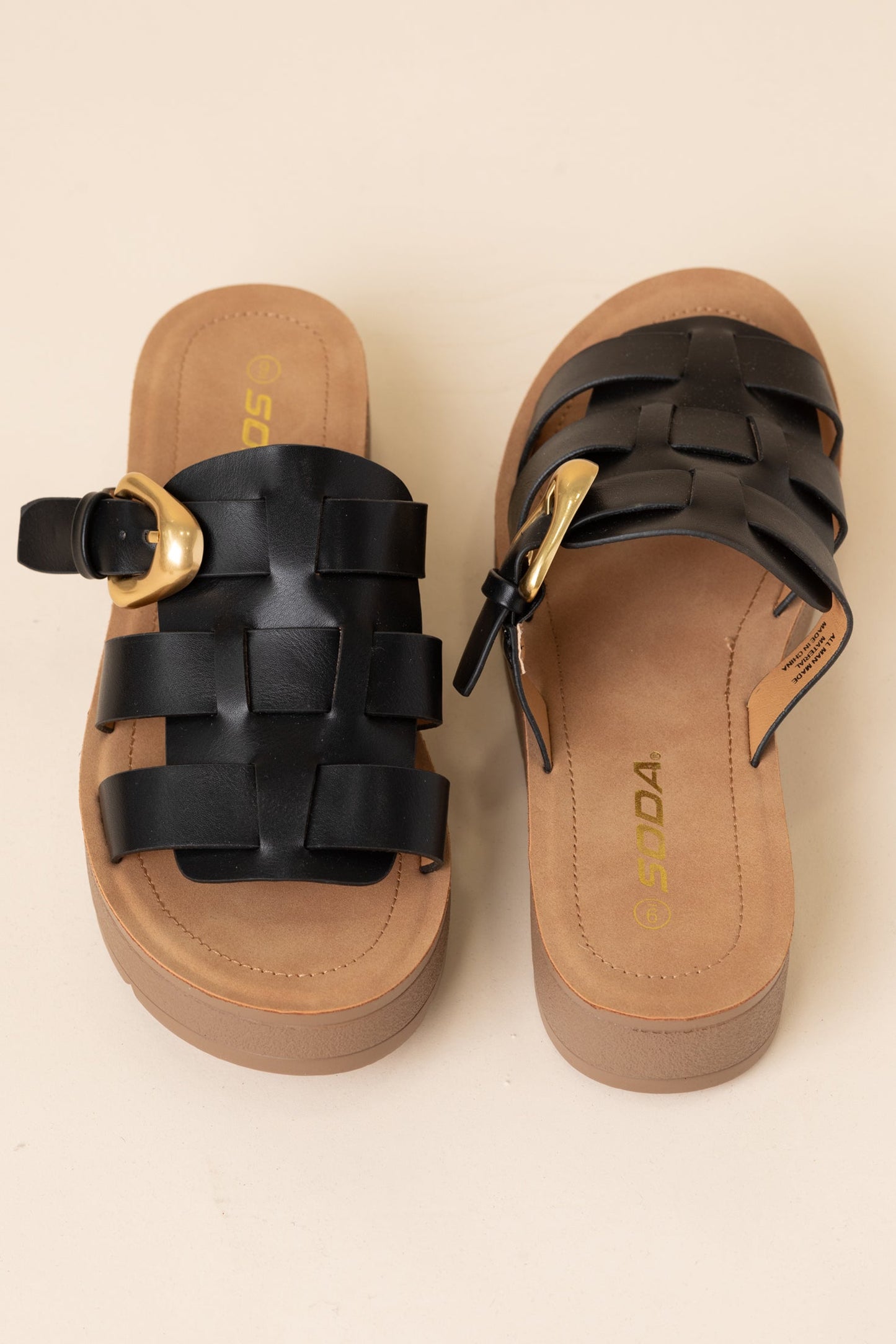 Platform Cage Slide On Sandal With Gold Buckle