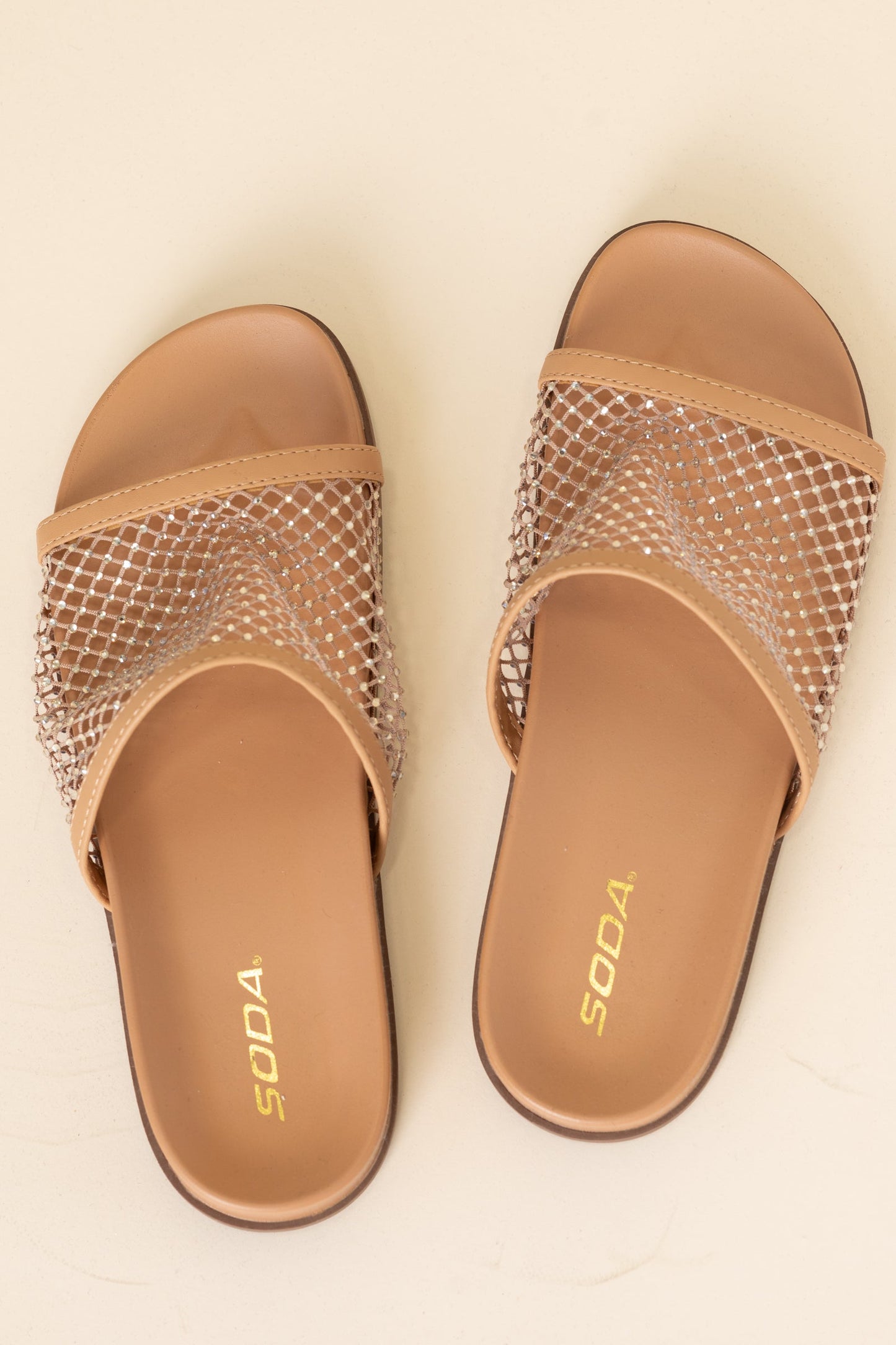 Tan Fishnet Gold Rhinestone Slip On Sandal