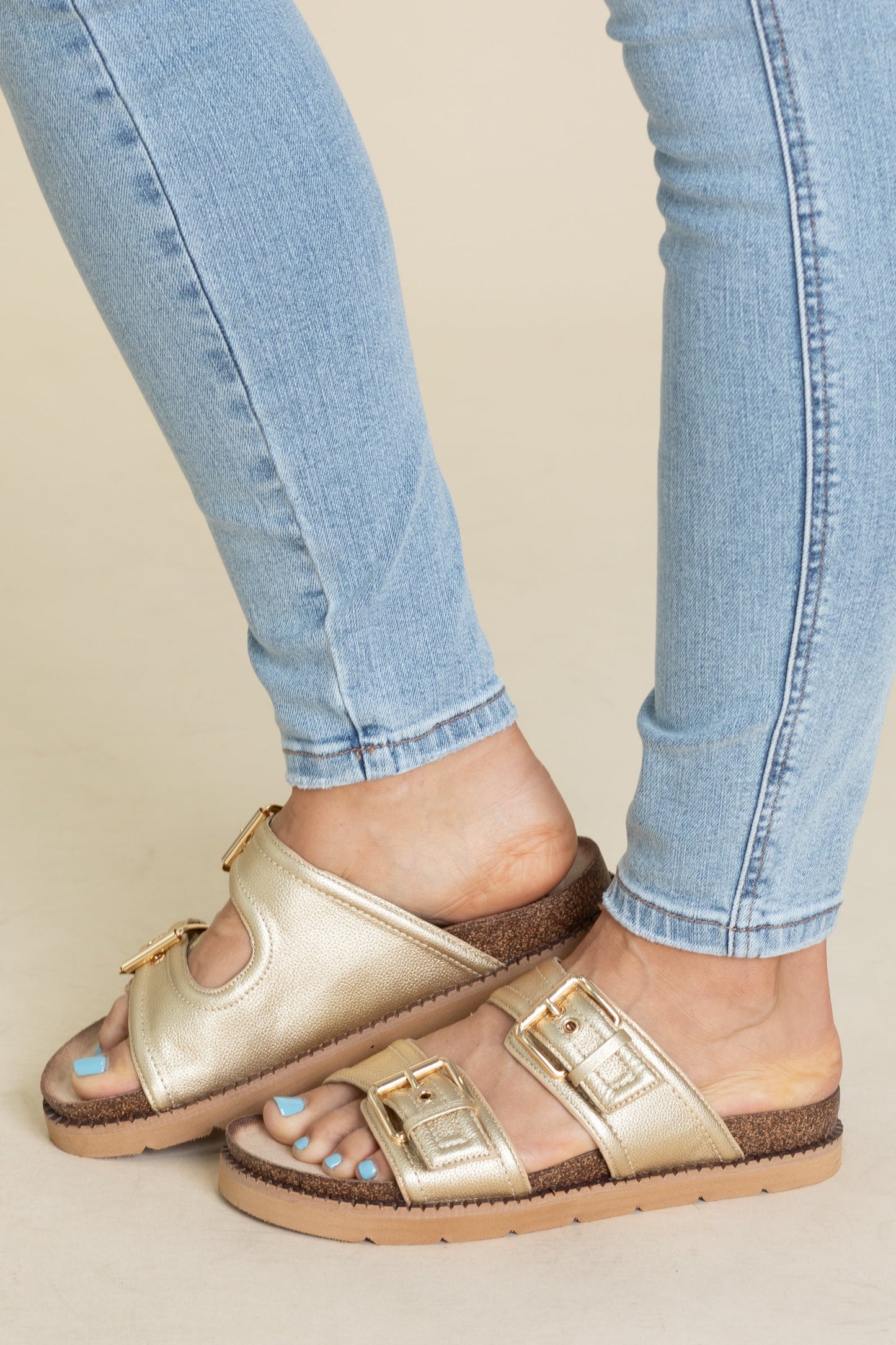 Corkys Gold Double Strap Buckle Sandal