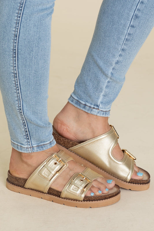 Corkys Gold Double Strap Buckle Sandal