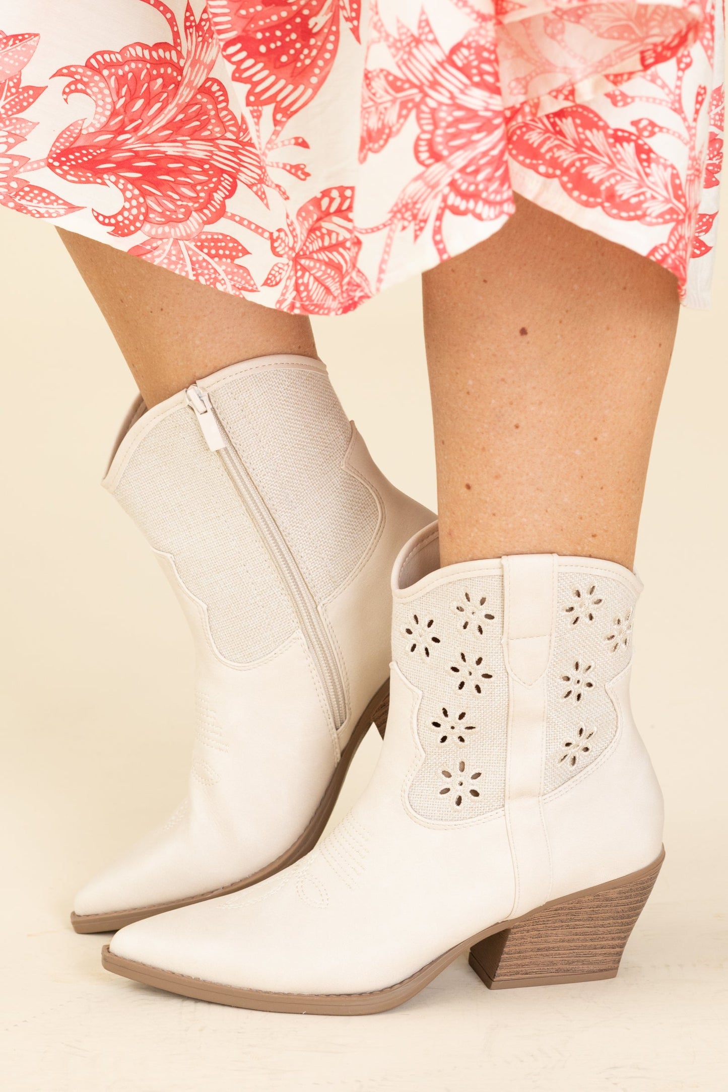 Beige Flower Cutout Booties