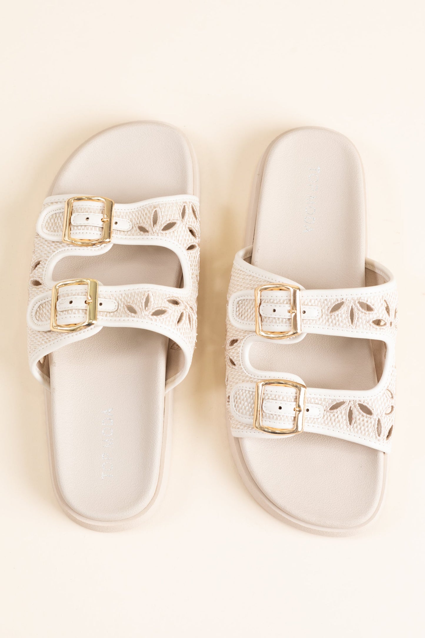Beige Floral Cutout Double Buckle Sandal
