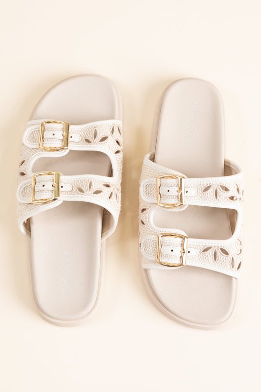Beige Floral Cutout Double Buckle Sandal