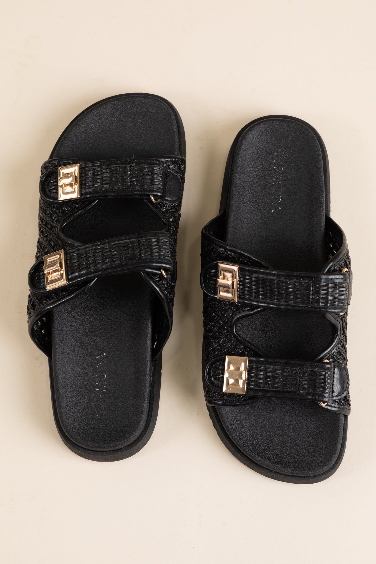 Buckled Strap Raffia Slip On Sandals