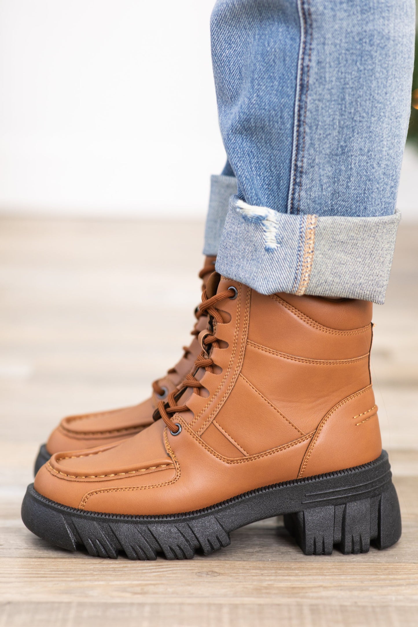 Brown Lace Up Boots With Black Lug Sole