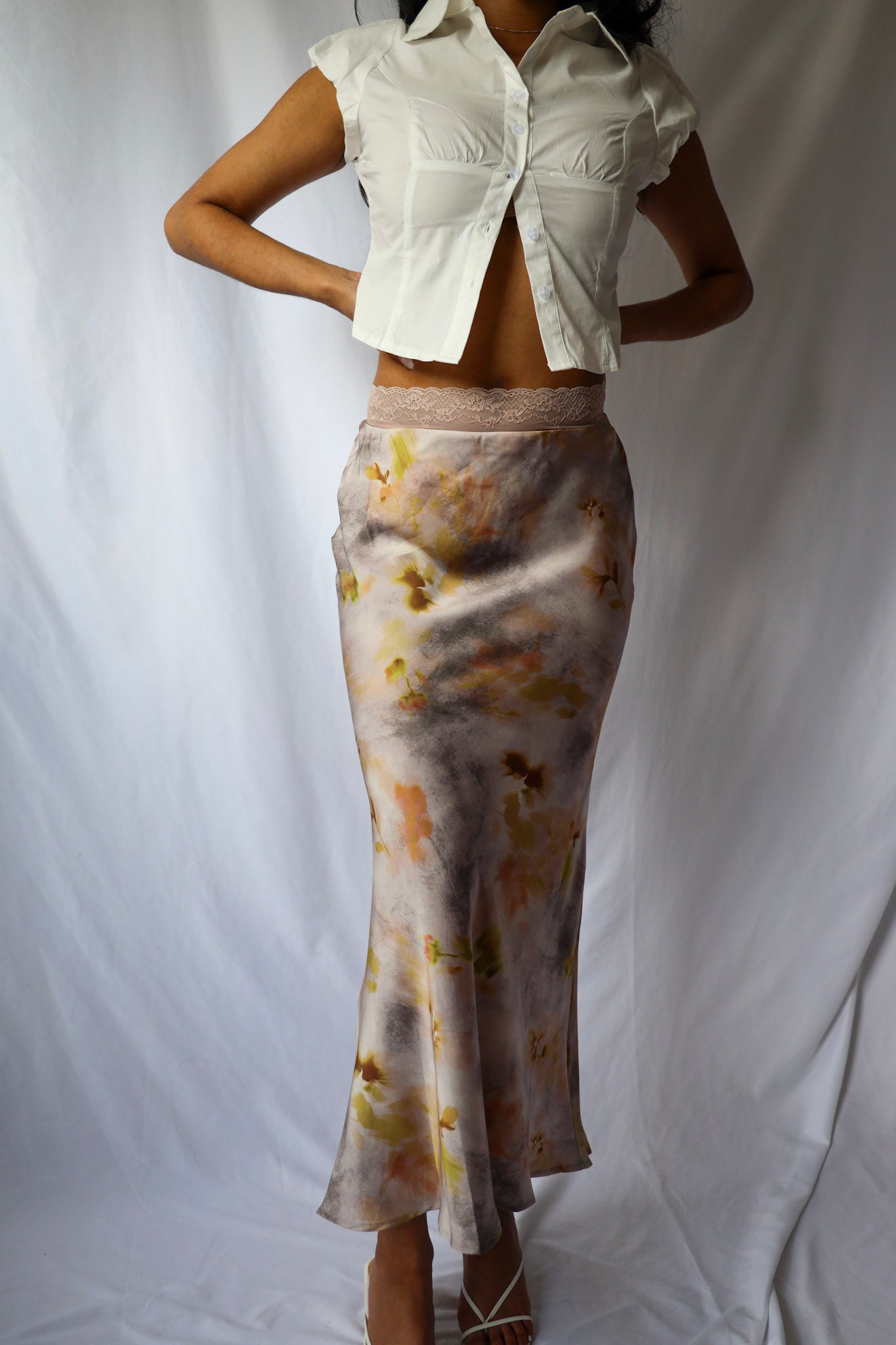 Lace and Floral Printed Maxi Skirt