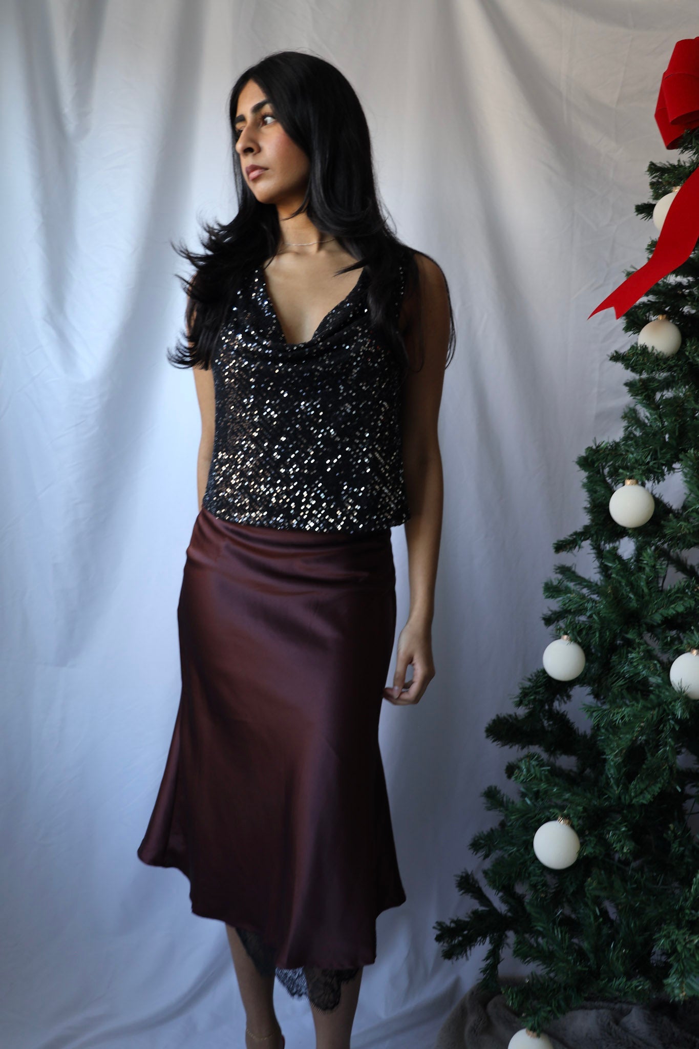 Burgundy Midi Skirt with Lace Trim