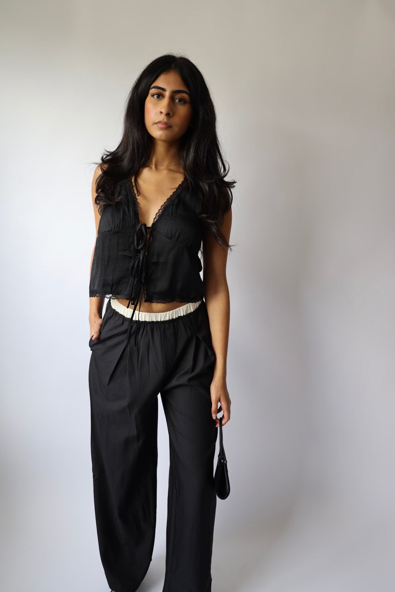 Contrast Waist Wide Leg Trouser Pants