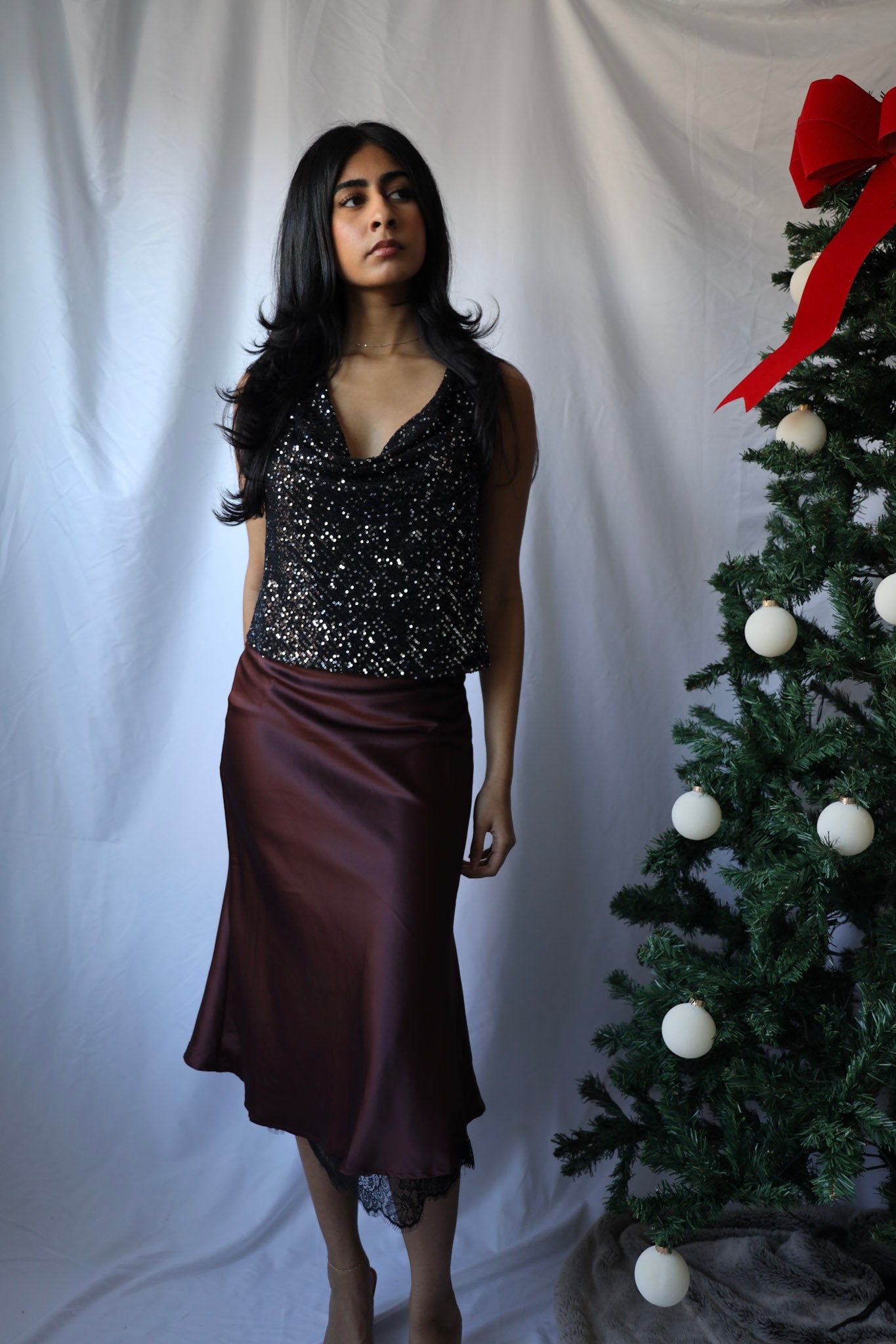 Burgundy Midi Skirt with Lace Trim