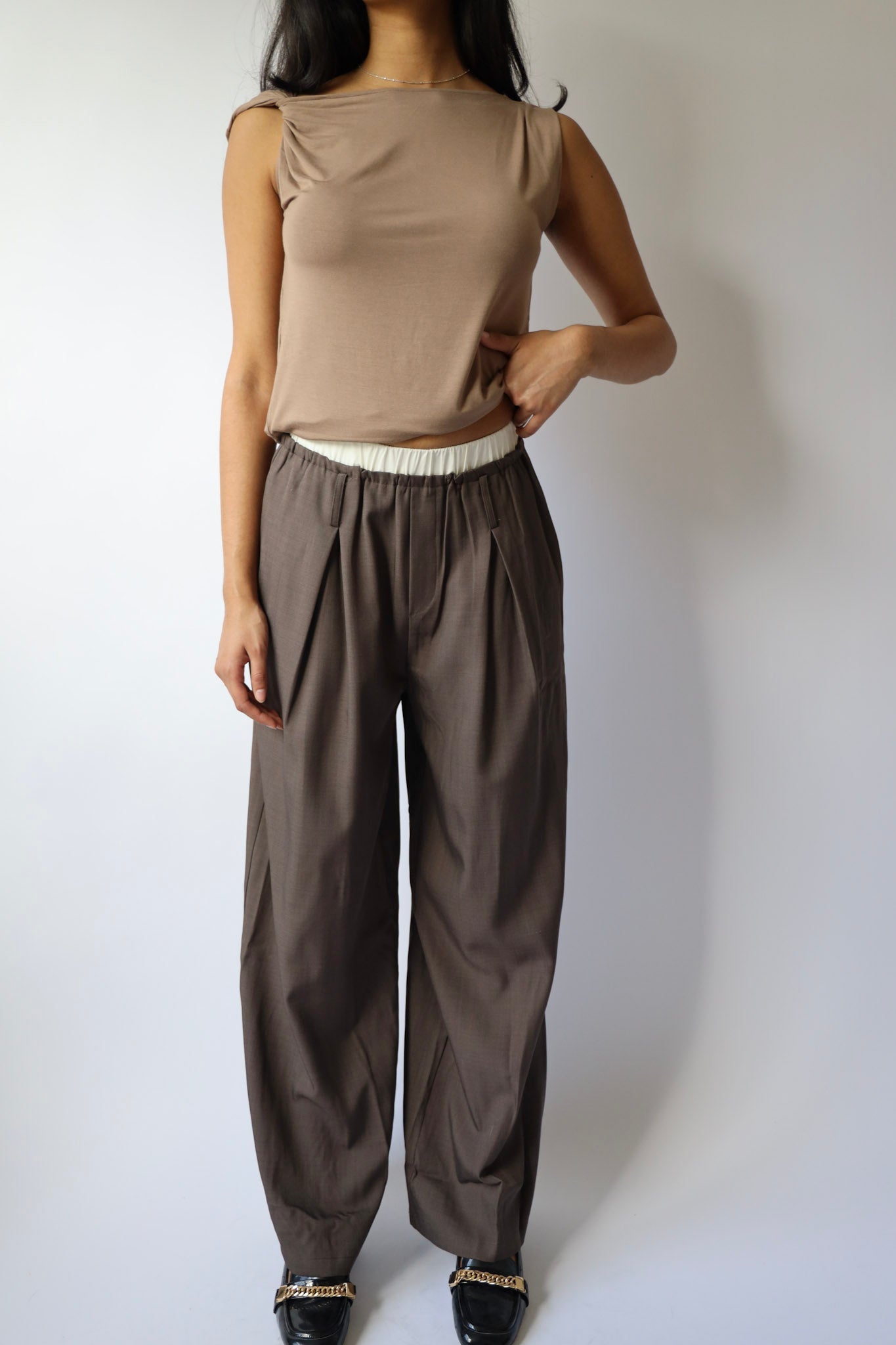 Contrast Waist Wide Leg Trouser Pants