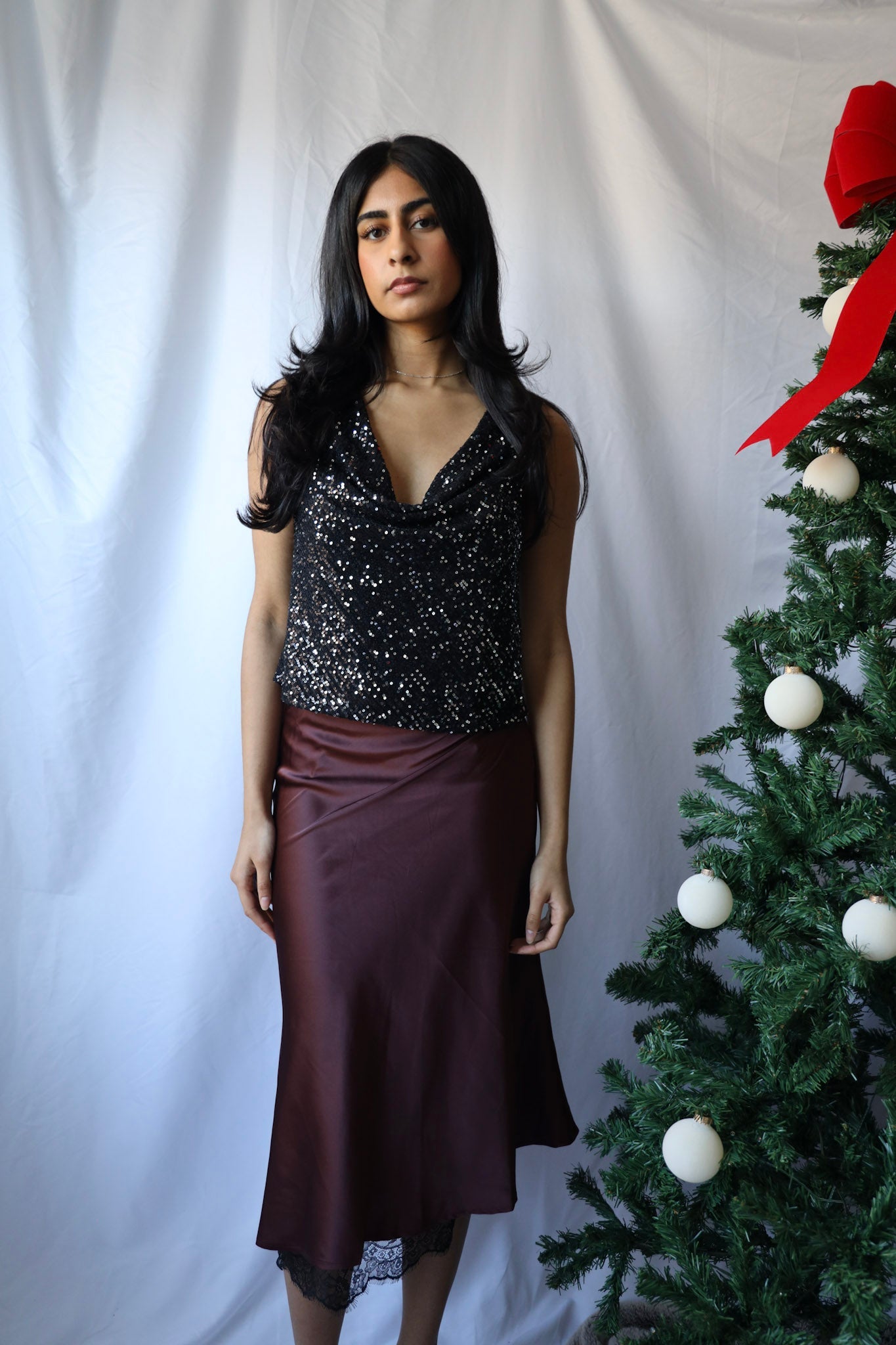 Burgundy Midi Skirt with Lace Trim