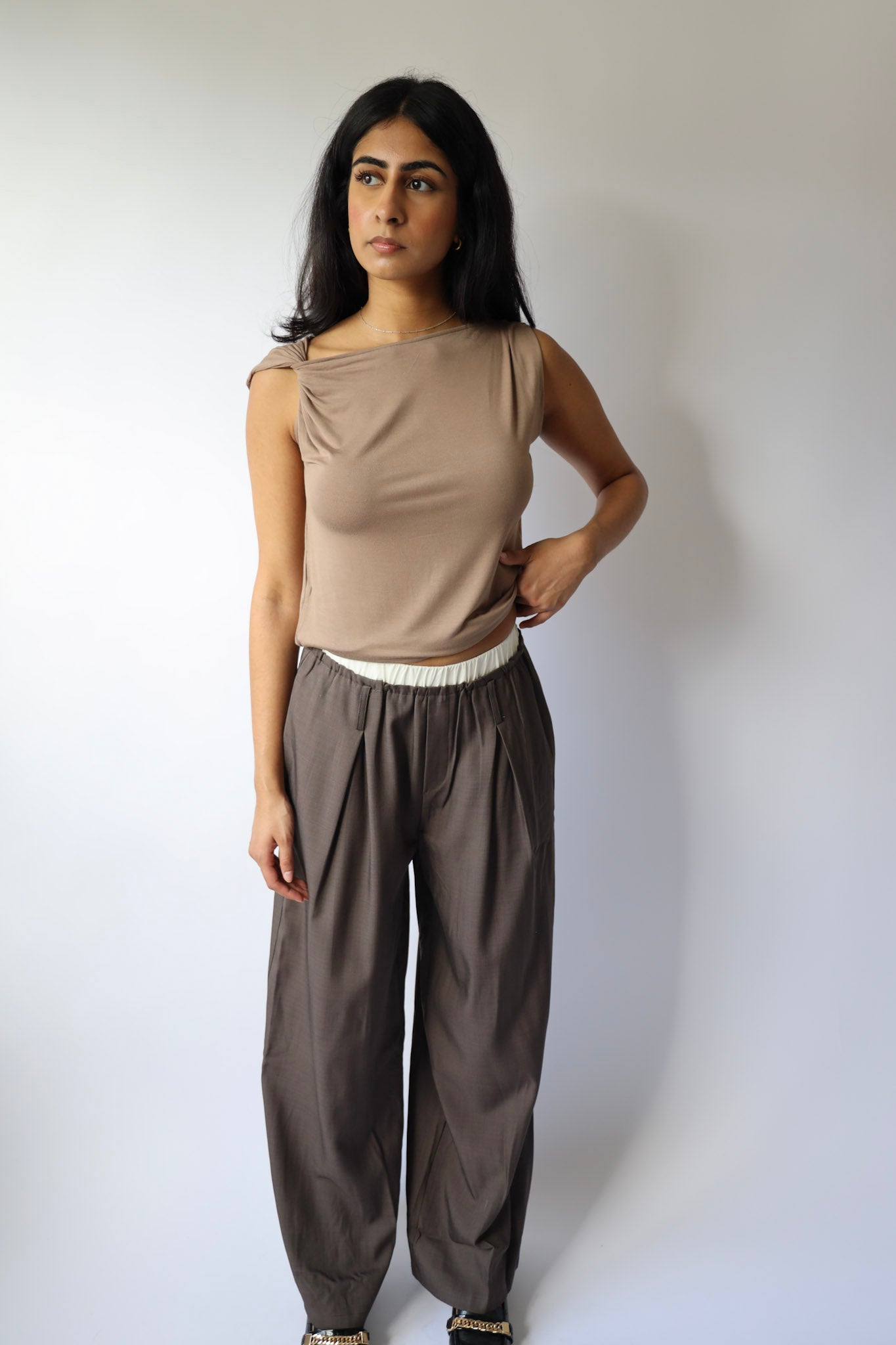 Contrast Waist Wide Leg Trouser Pants